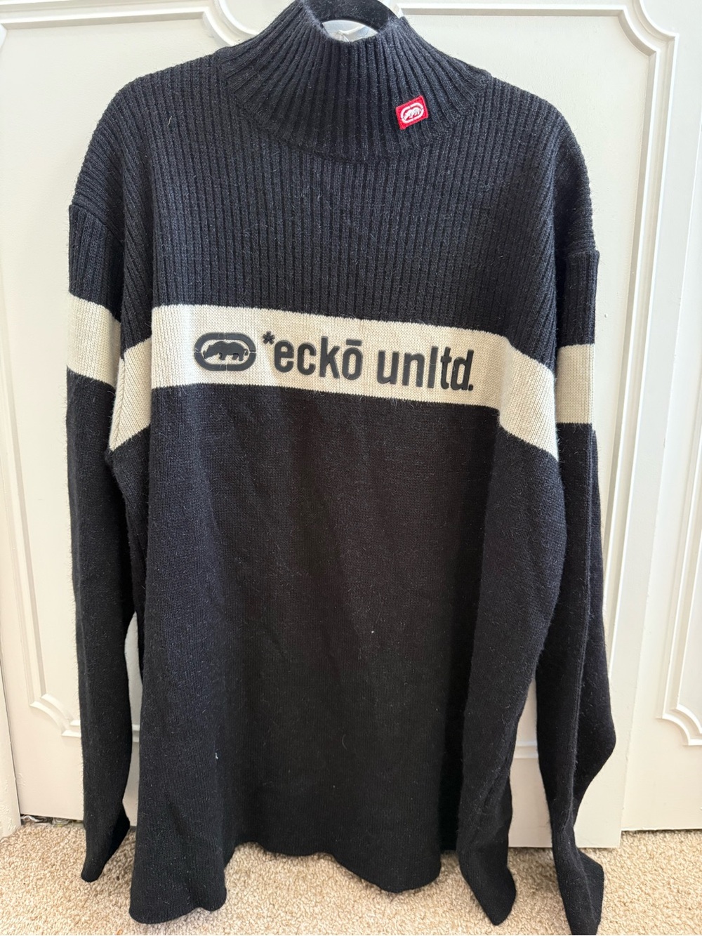 Ecko Unltd. Vintage Y2K Black Knit Sweater Cream Stripe Logo Mock Turtleneck Men